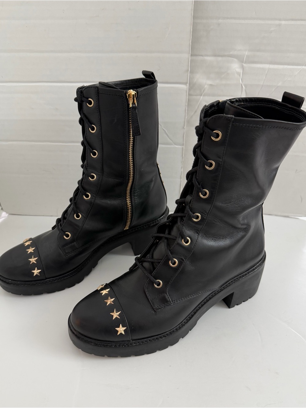Michael Kors Women 7.5M Leather Tall Combat Boots Gold Tone Star Accent Lace Up